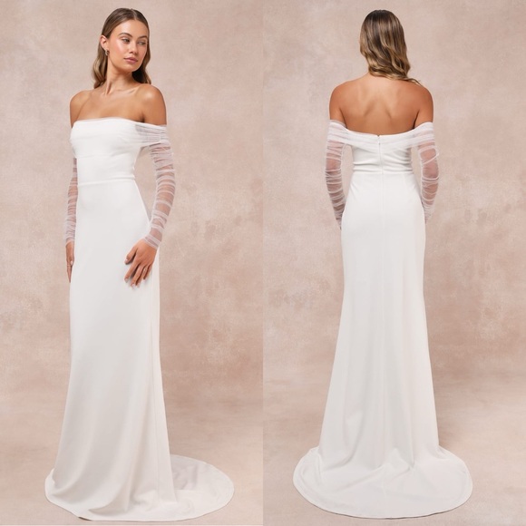 NWT Lulu’s Beautifully Beloved Mesh Off-the-Shoulder Maxi Wedding Dress Large - Picture 1 of 14